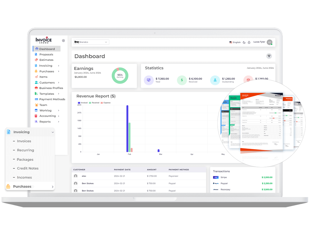 Invoice Crowd dashboard on a laptop showing earnings, revenue report and recent transactions