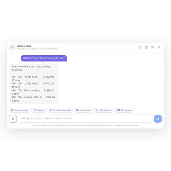 The six quick-start buttons on a new chat in the Invoice Crowd AI assistant