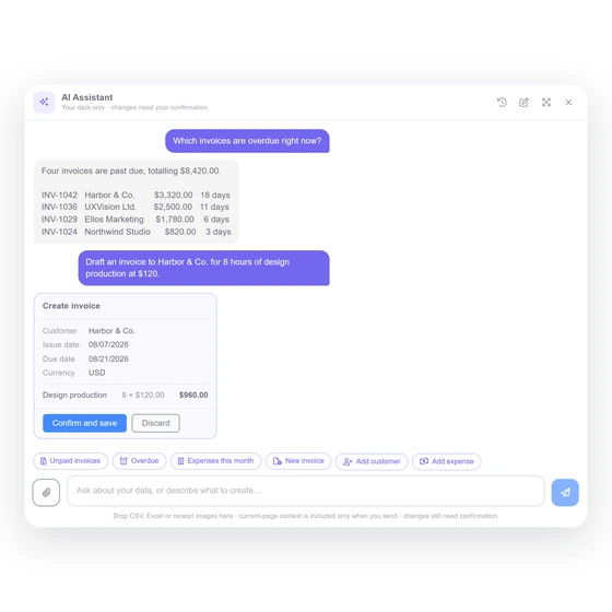 A staged expense card in the Invoice Crowd AI assistant waiting for the owner to press Confirm