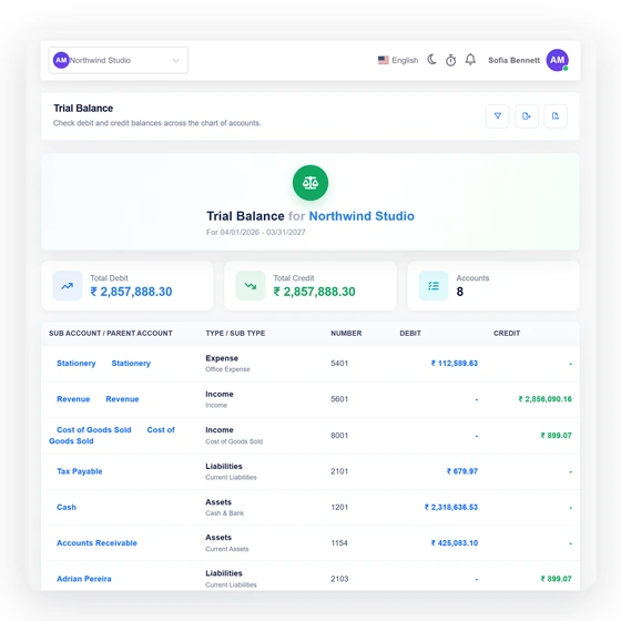 The Invoice Crowd Balance Sheet export menu with PDF, CSV and Excel actions.