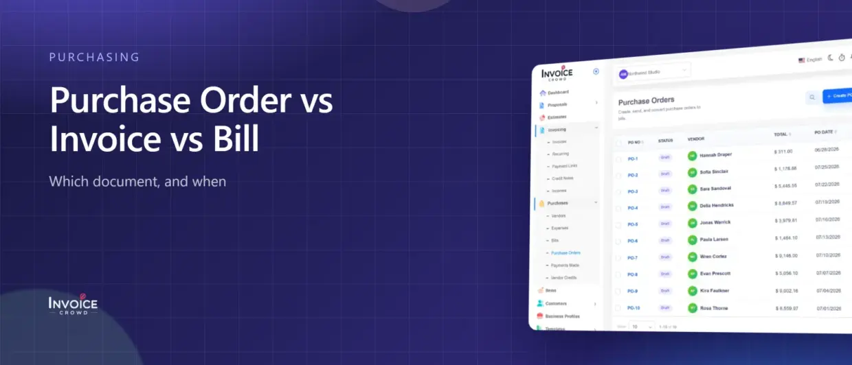Purchase Order vs Invoice vs Bill: The Difference and When to Use Each editorial illustration