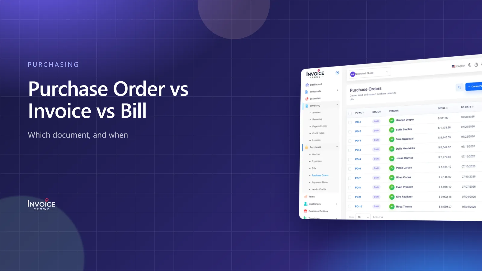 Purchase Order vs Invoice vs Bill: The Difference and When to Use Each editorial illustration