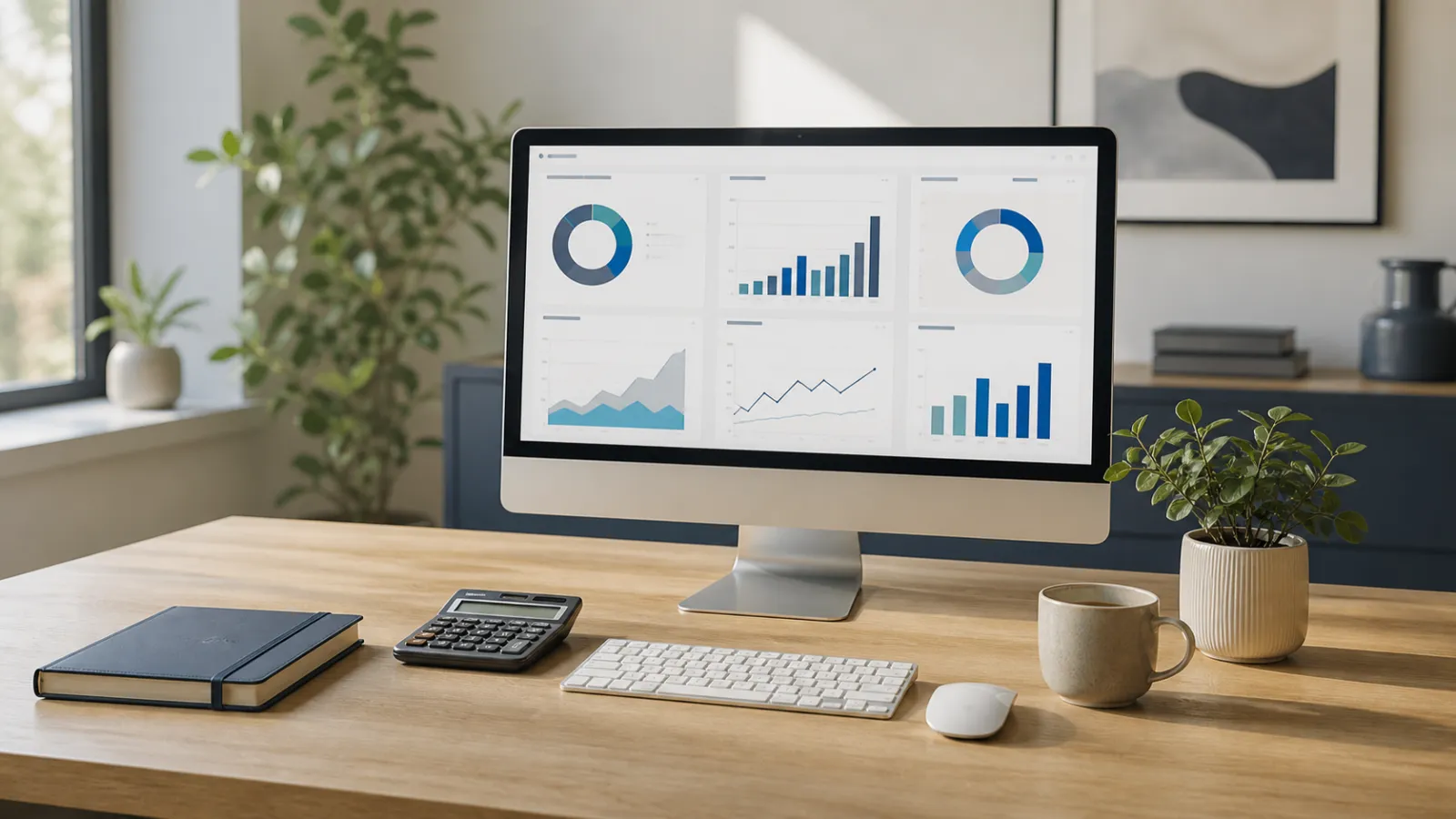 Accounting dashboard in a calm, professional small-business workspace