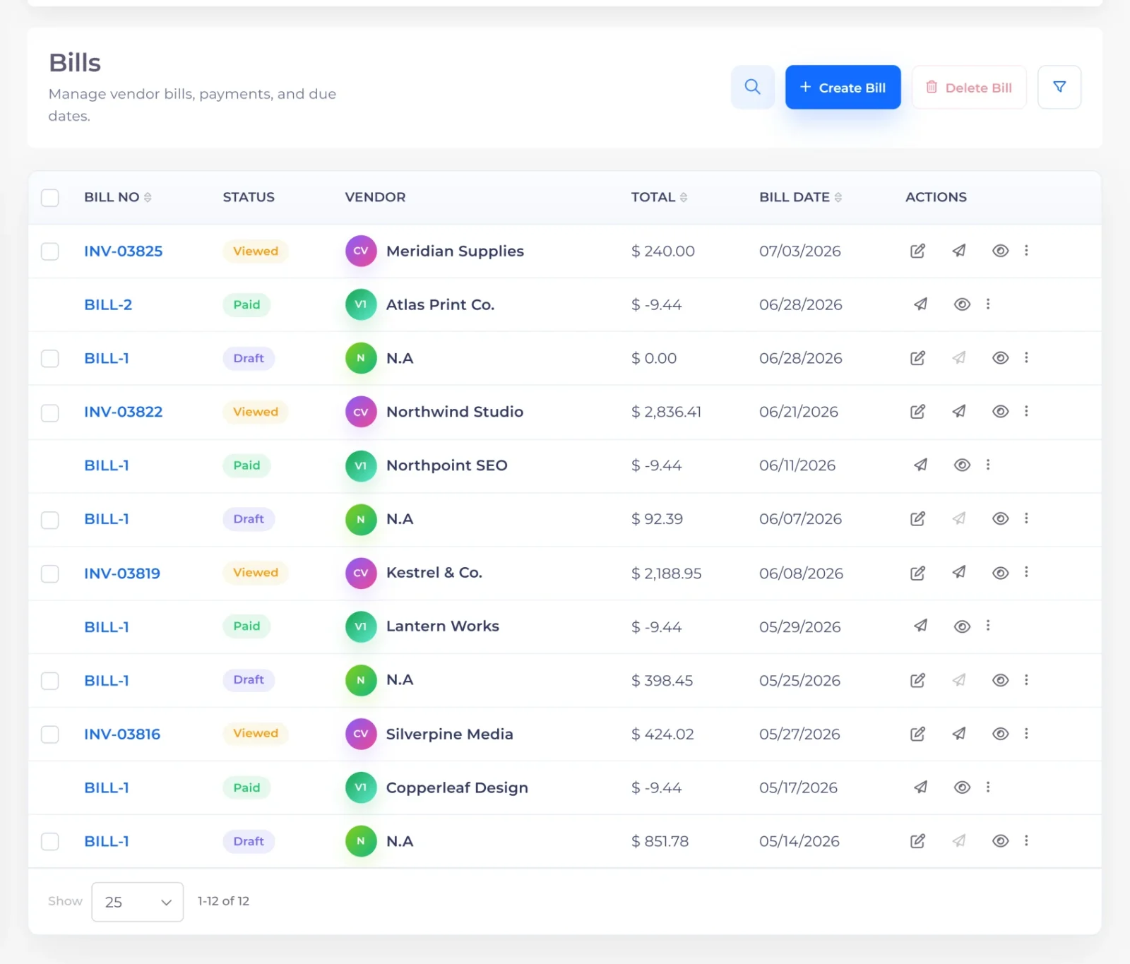 Bills list in Invoice Crowd showing vendor bills with due dates, amounts and payment status
