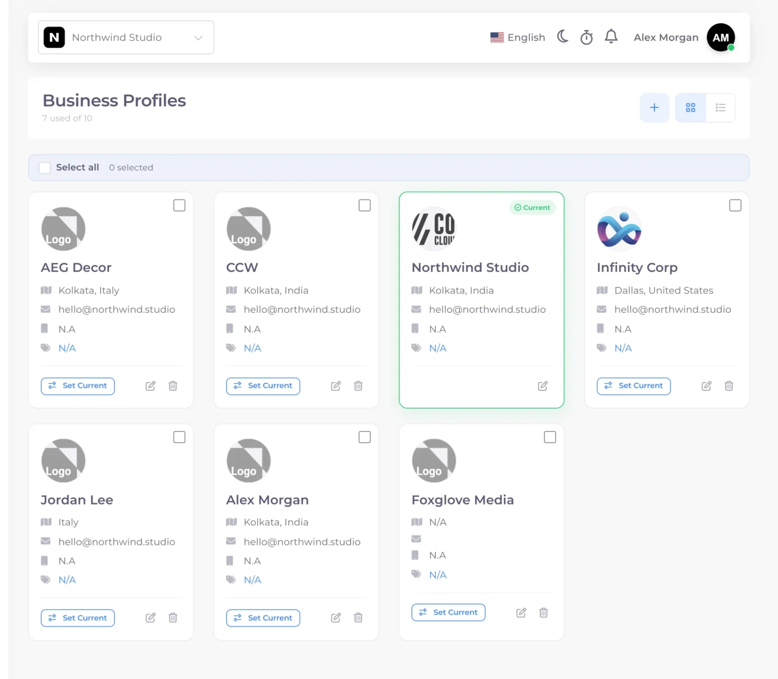Invoice Crowd business profiles screen with several companies configured