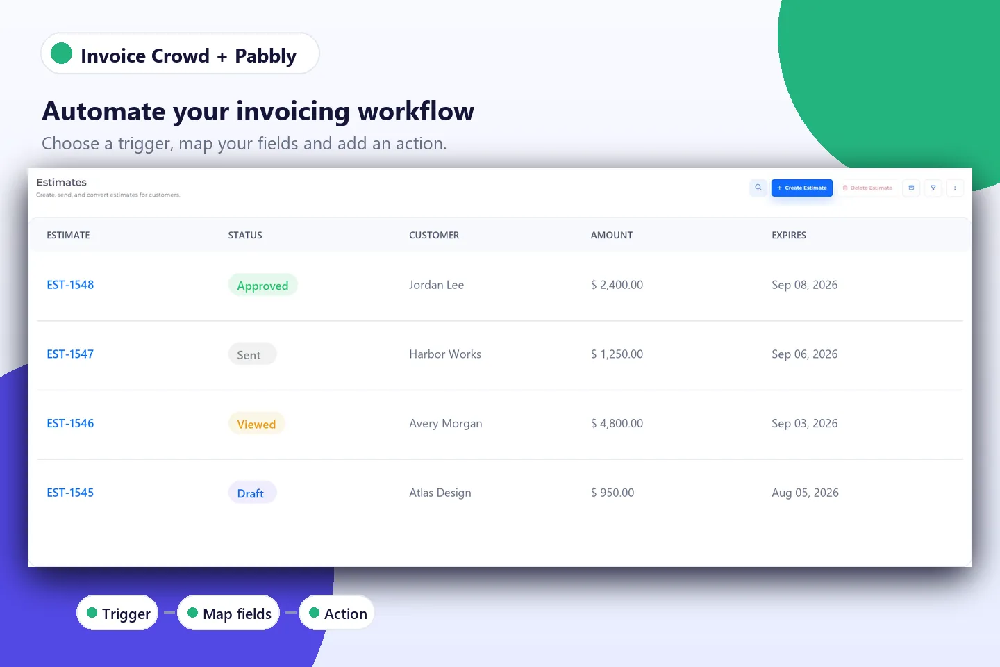 Invoice Crowd items screen with fictional office-cleaning and deep-clean services.