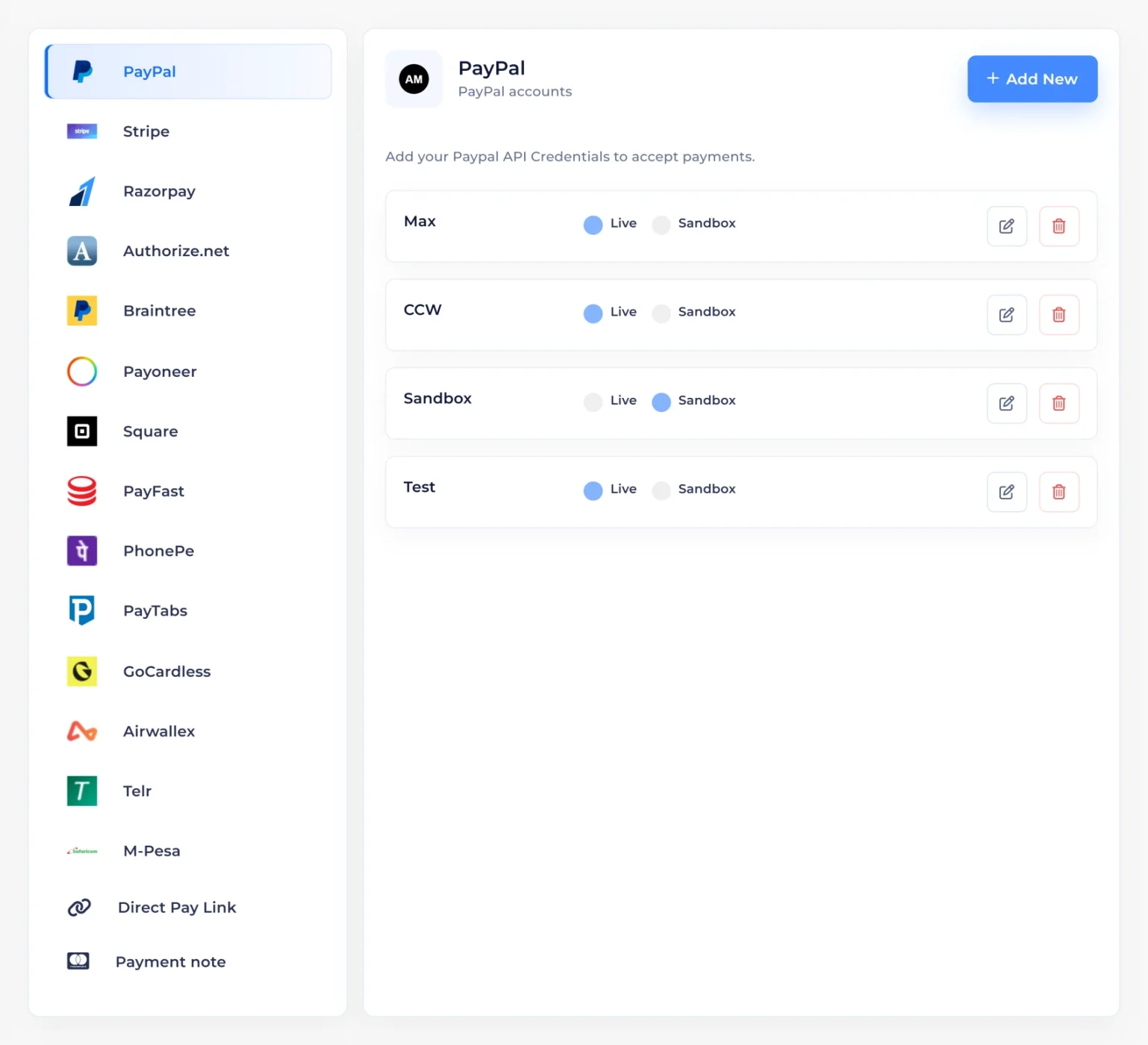Invoice Crowd payment methods with Stripe, PayPal, Razorpay, Square and Payoneer connected