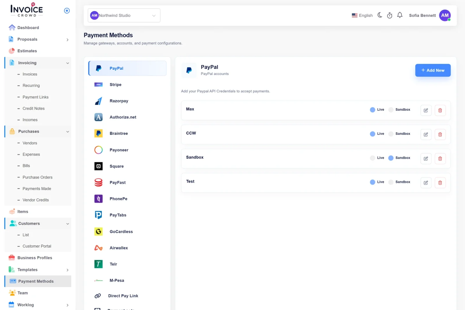 Invoice Crowd payment methods with Stripe, PayPal, Razorpay, Square and Payoneer connected