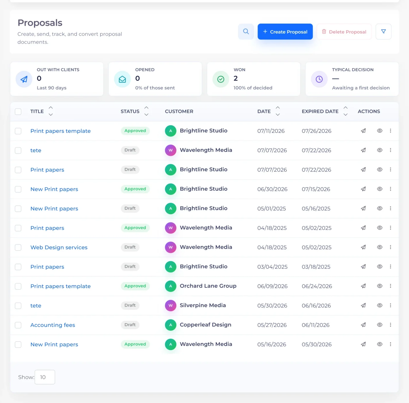 The Proposals screen in Invoice Crowd, listing sent proposals with their status, customer and value
