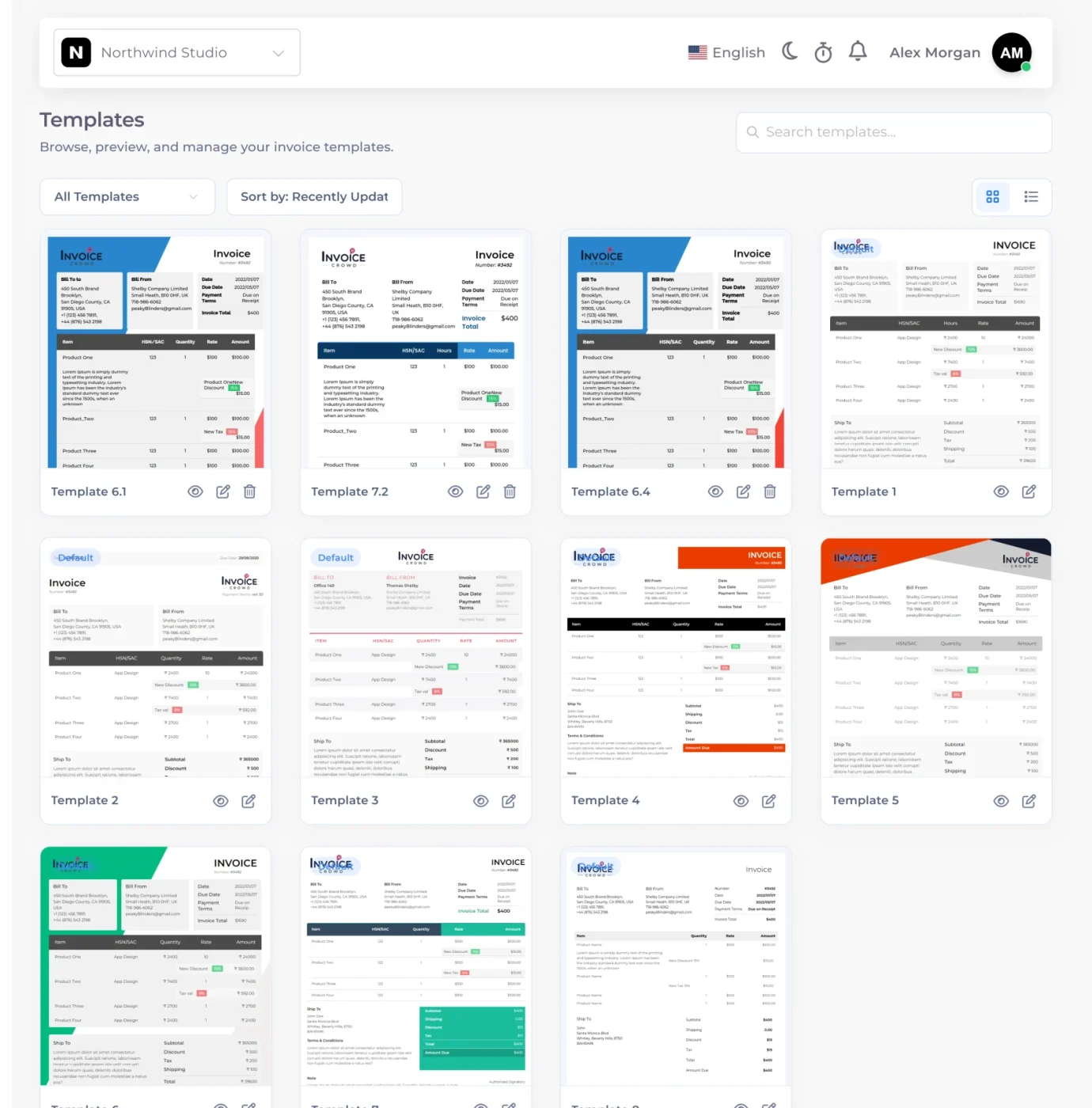 Invoice Crowd template gallery showing multiple branded invoice designs
