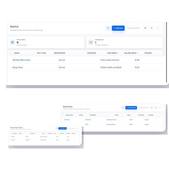 Invoice Crowd items screen with fictional office-cleaning and deep-clean services.