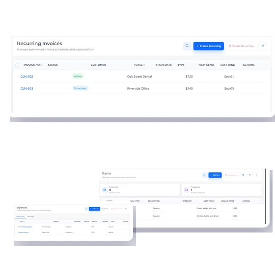 Invoice Crowd recurring invoice screen with fictional dental-office and commercial cleaning clients.