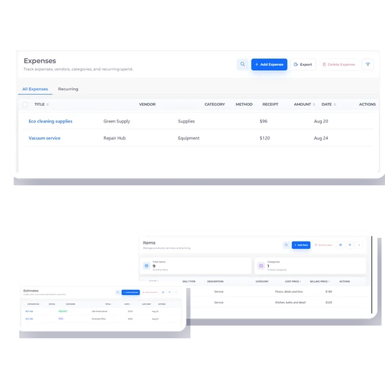 Invoice Crowd expenses screen with fictional cleaning supply and equipment costs.