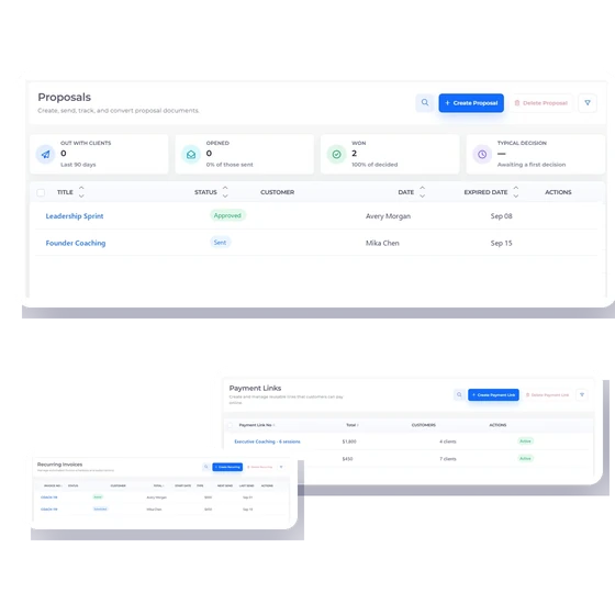Invoice Crowd proposals screen with fictional leadership and founder coaching packages.