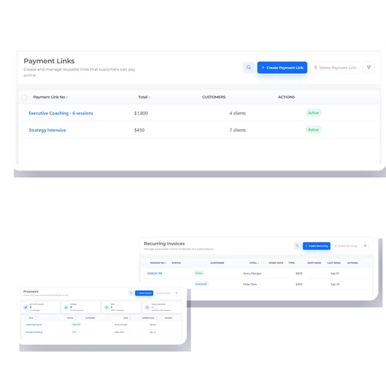 Invoice Crowd payment-link screen with fictional executive coaching and strategy packages.