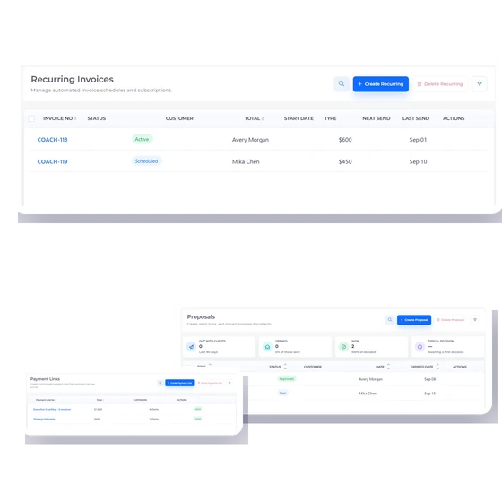 Invoice Crowd recurring invoice screen with fictional ongoing coaching clients.