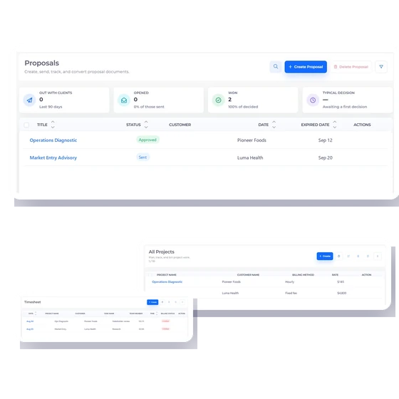 Invoice Crowd proposals screen with fictional operations and market-entry consulting engagements.