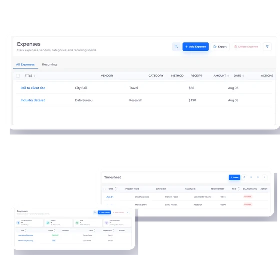Invoice Crowd expenses screen with fictional consulting travel and research costs.
