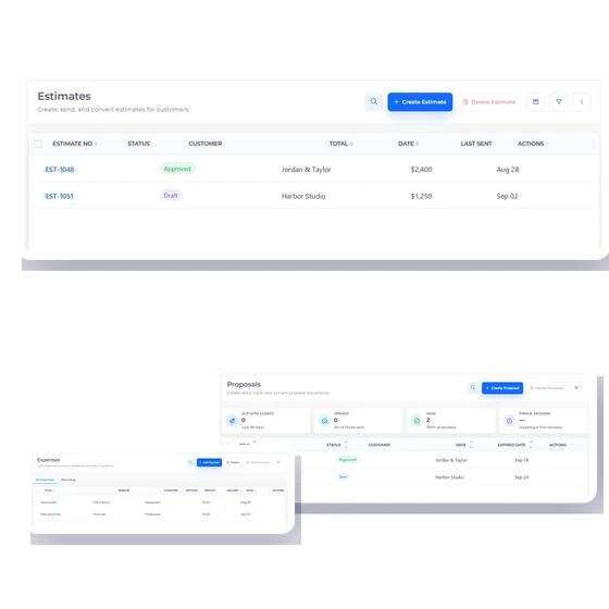 Invoice Crowd estimates screen with fictional photography package totals and statuses.