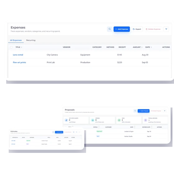 Invoice Crowd expenses screen with fictional lens rental and print production costs.