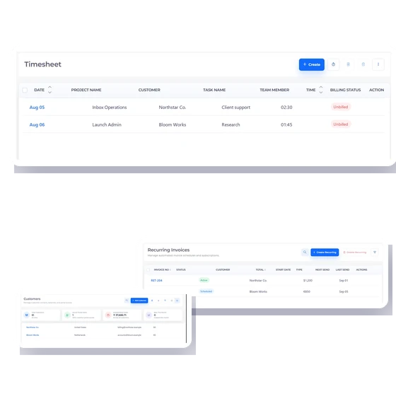 Invoice Crowd timesheet with fictional virtual assistant projects, tasks and billable hours.