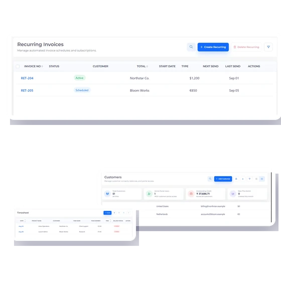 Invoice Crowd recurring invoices screen with fictional virtual assistant retainers.