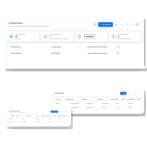 Invoice Crowd customer list with fictional international virtual assistant clients.