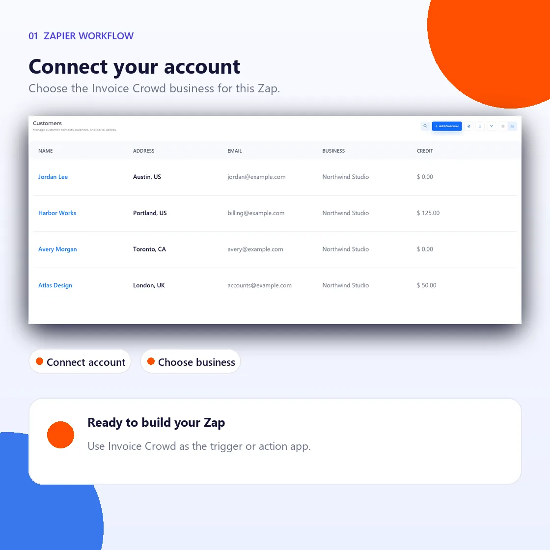 Invoice Crowd recurring invoice screen with fictional ongoing coaching clients.