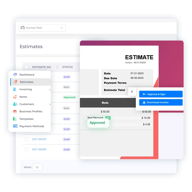 The billing process in Invoice Crowd, from approved estimate through to a sent invoice