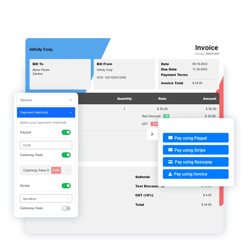 A customer choosing between payment gateways on an Invoice Crowd invoice