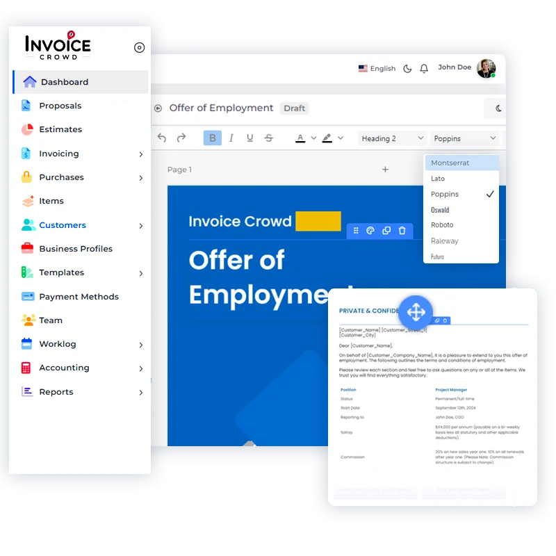 Customizing a proposal in Invoice Crowd with branding, section order and layout options