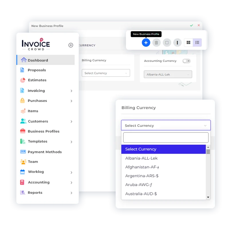 Selecting the invoice currency in Invoice Crowd