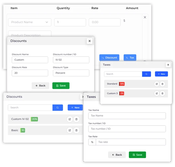 Defining custom tax and discount rates on an invoice in Invoice Crowd