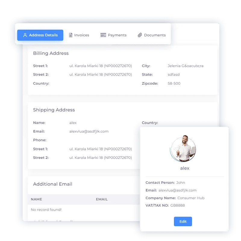A customer profile in Invoice Crowd showing contact details alongside purchase history