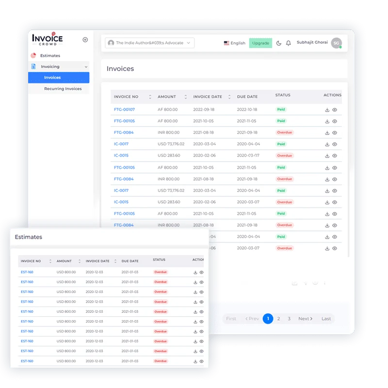 A customer viewing their estimates and invoices in the Invoice Crowd portal