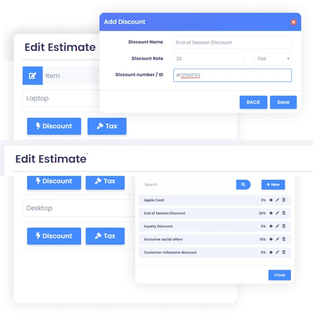 Adding line items to an estimate in Invoice Crowd, choosing a saved item or typing a new one