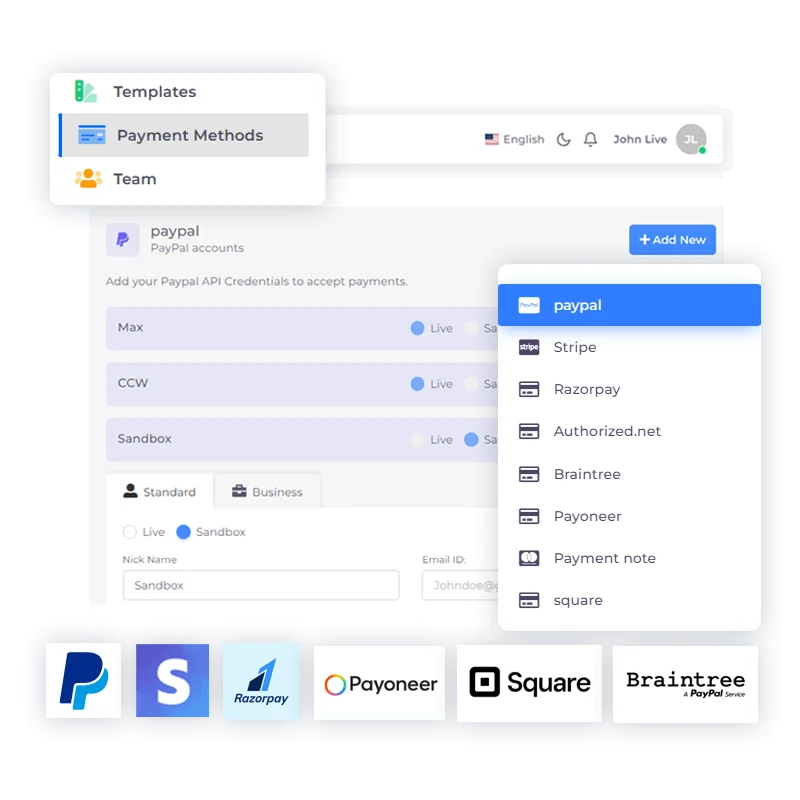 The list of supported payment gateways in Invoice Crowd