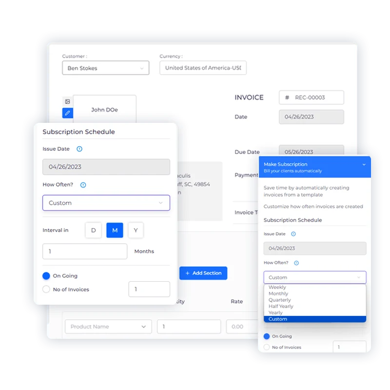 Billing cycle options in Invoice Crowd, from daily through quarterly to a custom recurrence