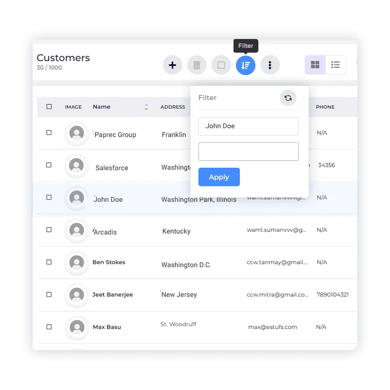 Searching the customer list in Invoice Crowd, with results narrowing as the query is typed