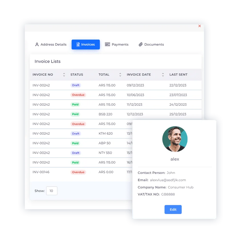 The invoice history on a customer record in Invoice Crowd, with paid and pending invoices
