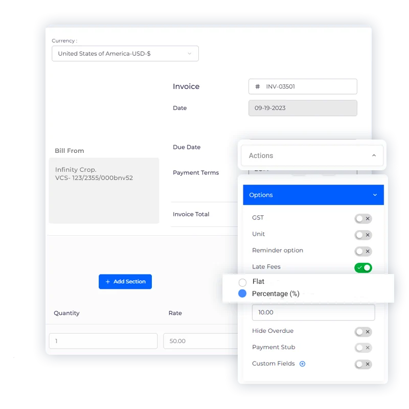 Late fee rules in Invoice Crowd, with the calculated penalty applied to an overdue invoice