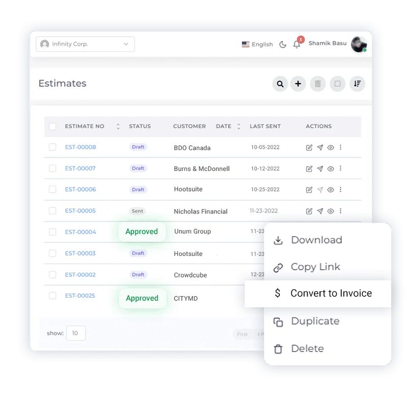 Converting an approved estimate into an invoice in Invoice Crowd