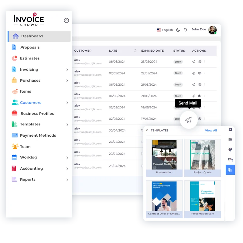 Creating a new proposal in Invoice Crowd, with its sections and client details