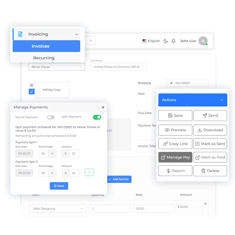 An invoice broken into split payment segments in Invoice Crowd