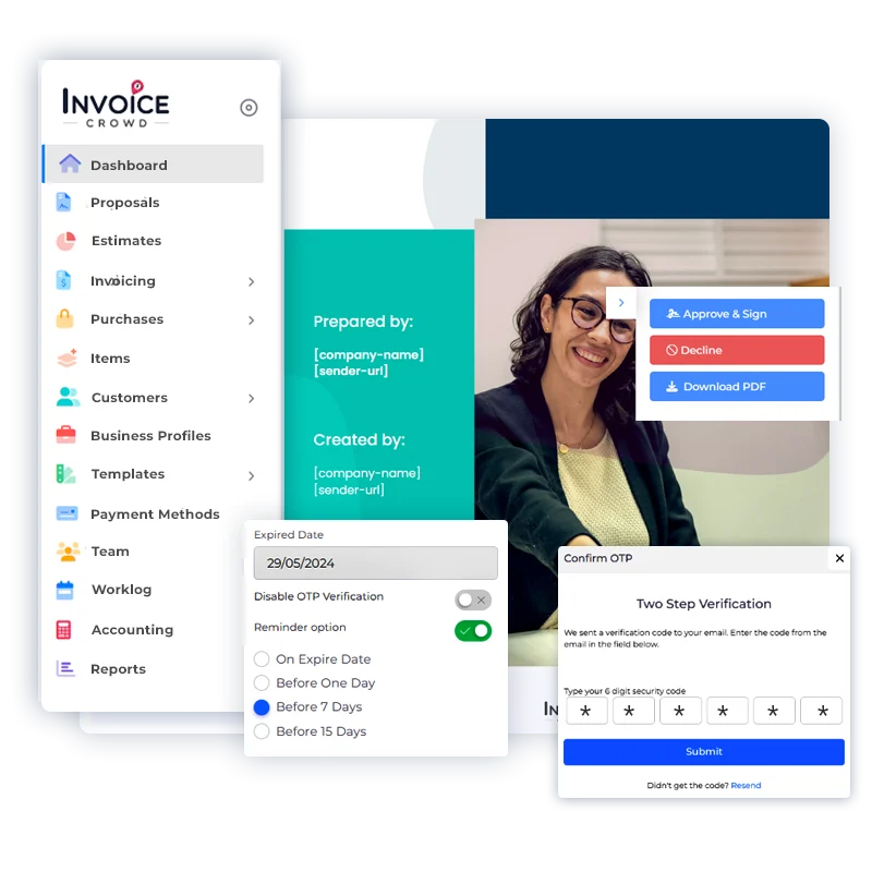 The proposal approval process in Invoice Crowd, showing approval status and notifications