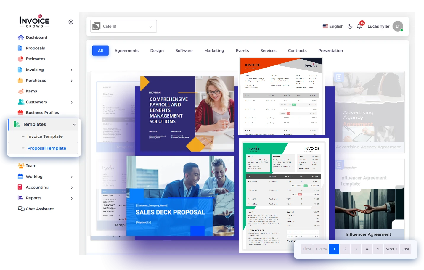 The Invoice Crowd proposal templates gallery, with categories across the top and the template library below