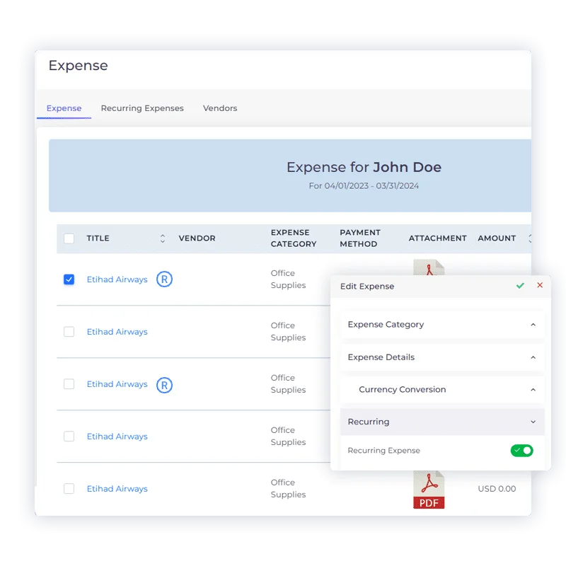 A recurring expense in Invoice Crowd with an amount and a repeat frequency