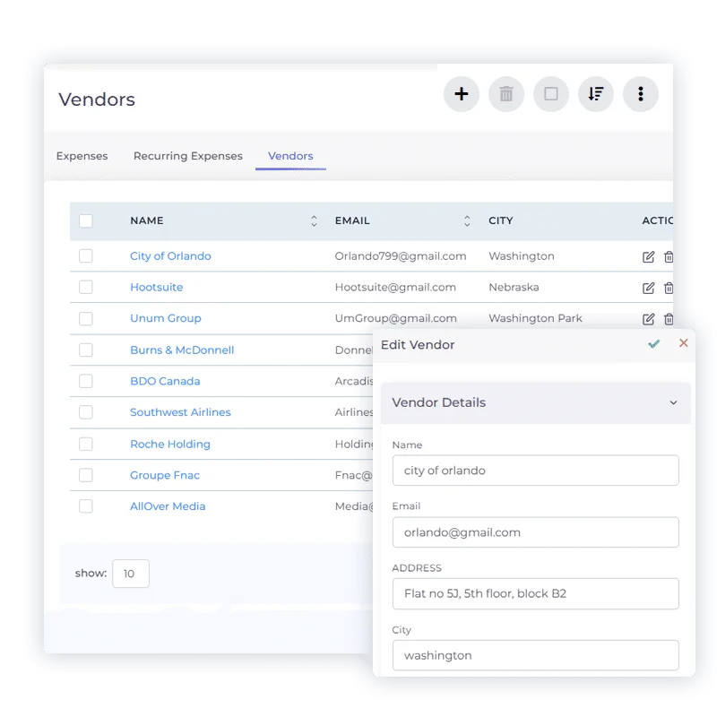 A vendor record in Invoice Crowd listing the expenses assigned to that supplier