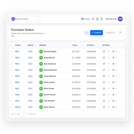 Invoice Crowd purchase workflow showing an approved purchase order converted into a draft bill.