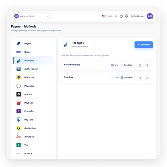 Invoice Crowd Razorpay connect razorpay illustration with fabricated sample data.